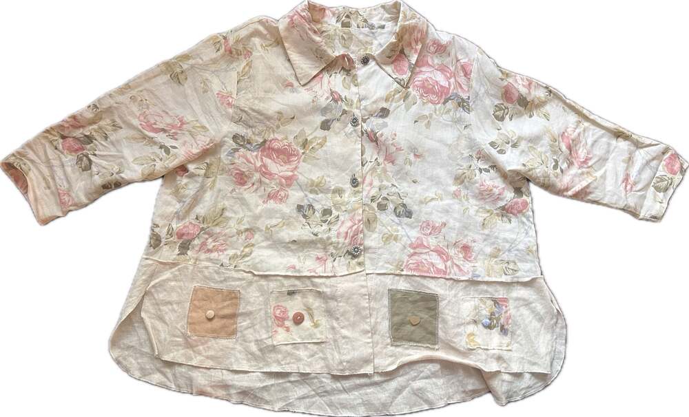 Vintage 90s Surrealist Floral Linen Patchwork Button-Down Shirt Jacket - Picture 3 of 13